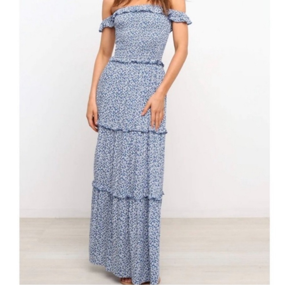 Rumor ‘Flemington’ off the shoulder blue floral Maxi Size Aus 8/ US small